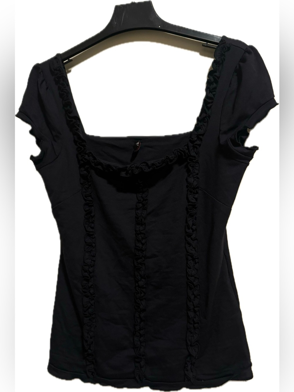 Black Ruffle-Trim Square Neck Short Sleeve Top
